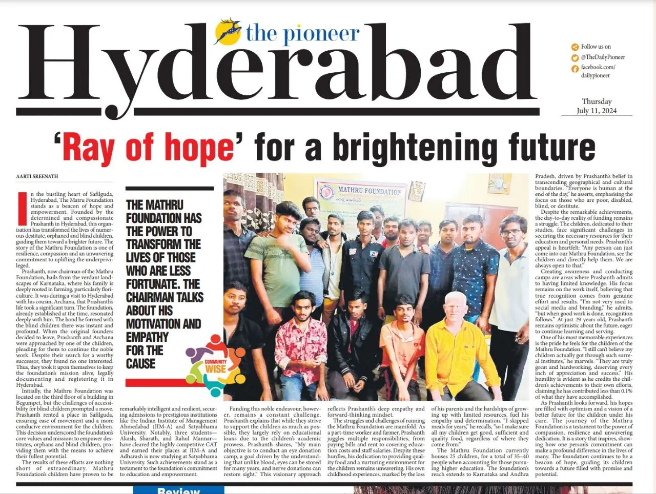 The Pioneer newspaper feature on Mathru Foundation, Hyderabad, July 2024